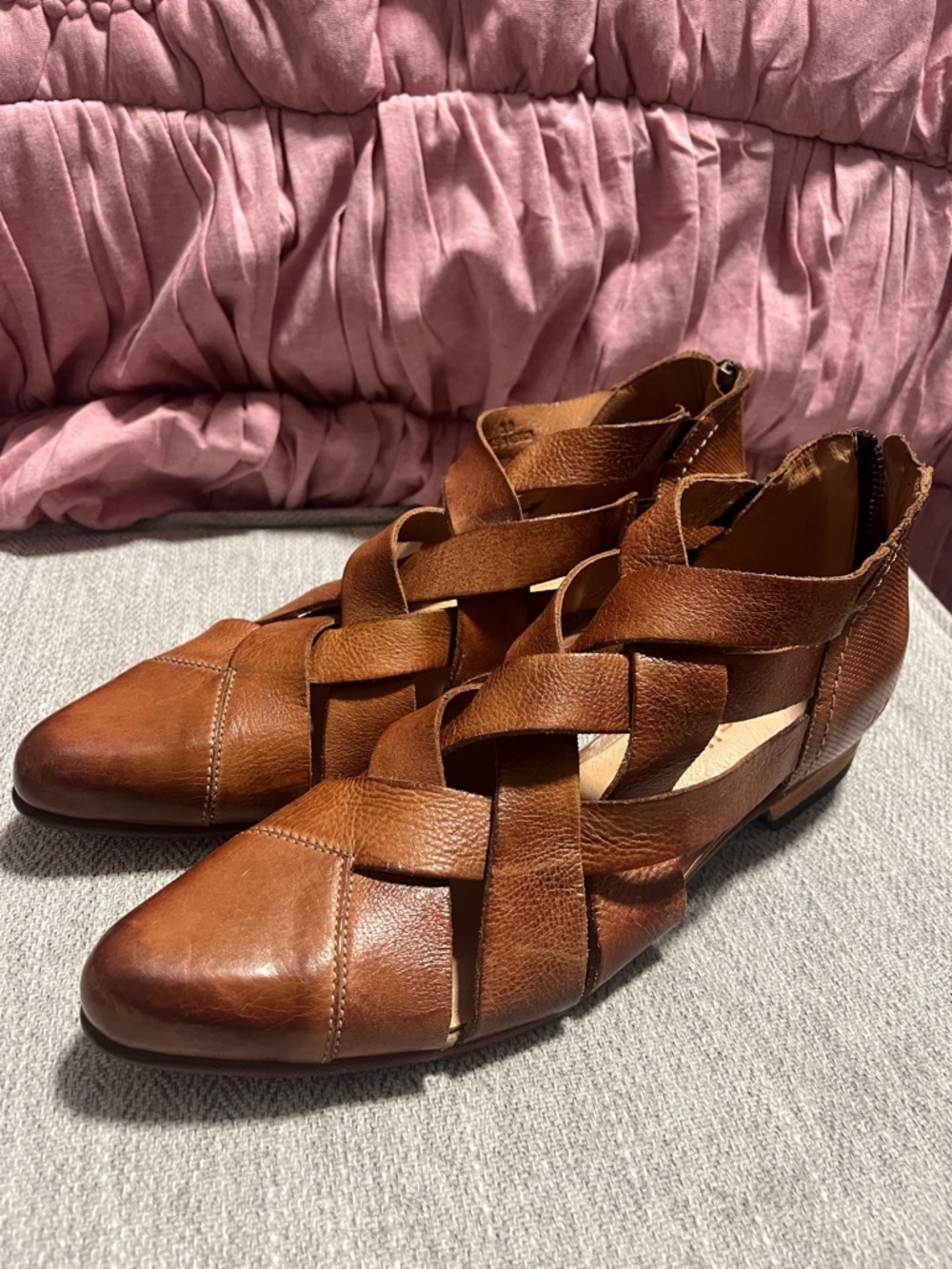 BED|STU Women's Cognac Leather Woven Mules 8 Brittany